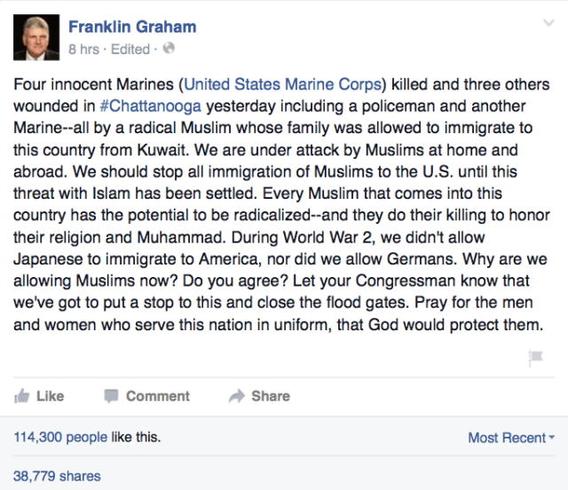 Franklin Graham is an embarrassment to the Church. Actually, "embarrassment" is not a strong enough word. He is the antithesis to a Christian leader.